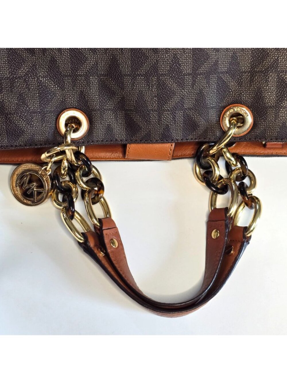 Michael Kors Cynthia Brown Monogram Medium Tote Bag Chain Handles Satchel - Picture 13 of 15